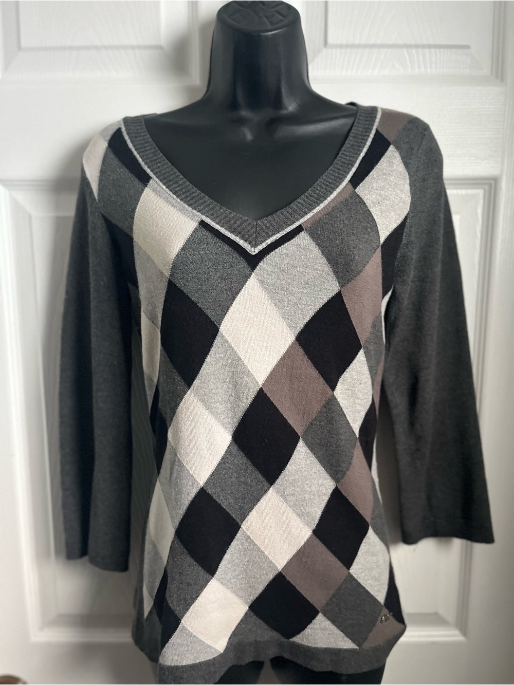 Point Zero Y2K Preppy Argyle V-Neck Sweater Gray Black White Small Knit